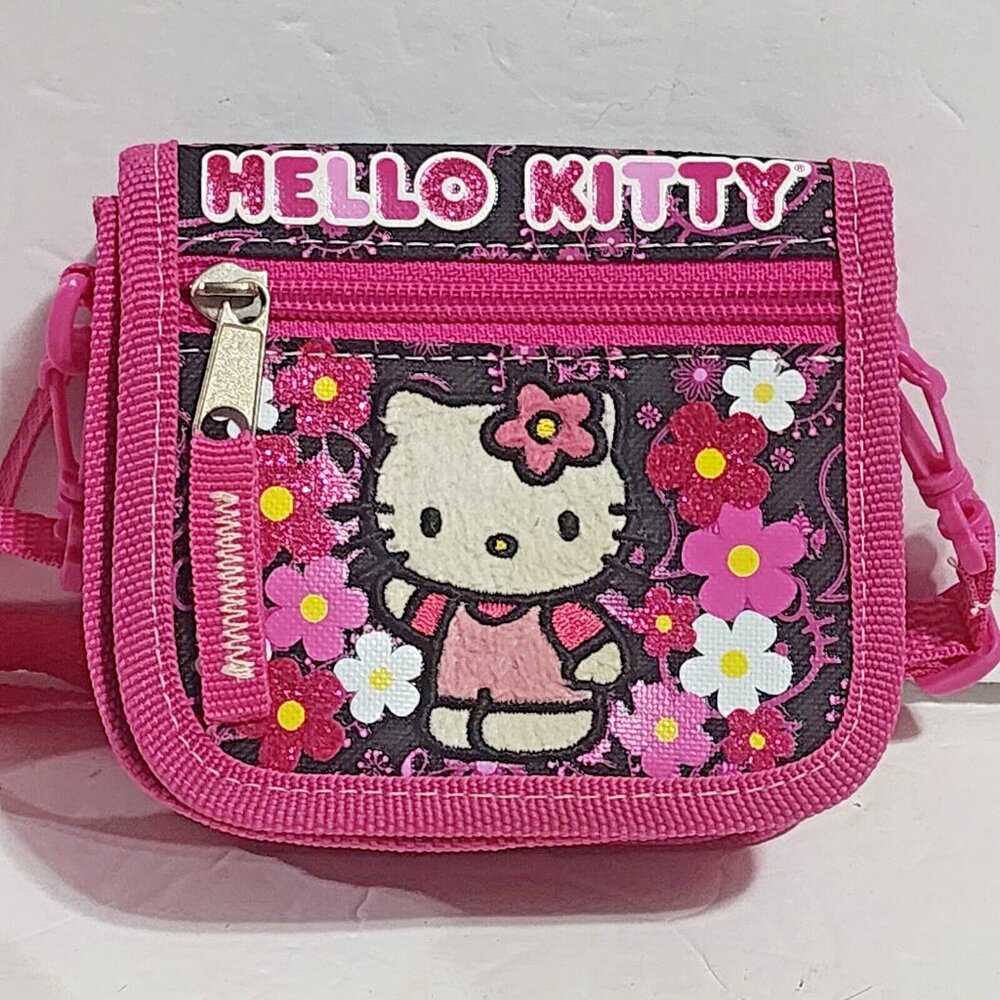 Hello Kitty Sanrio Pink & Black Small Wallet Crossbody Strap Coin Purse
